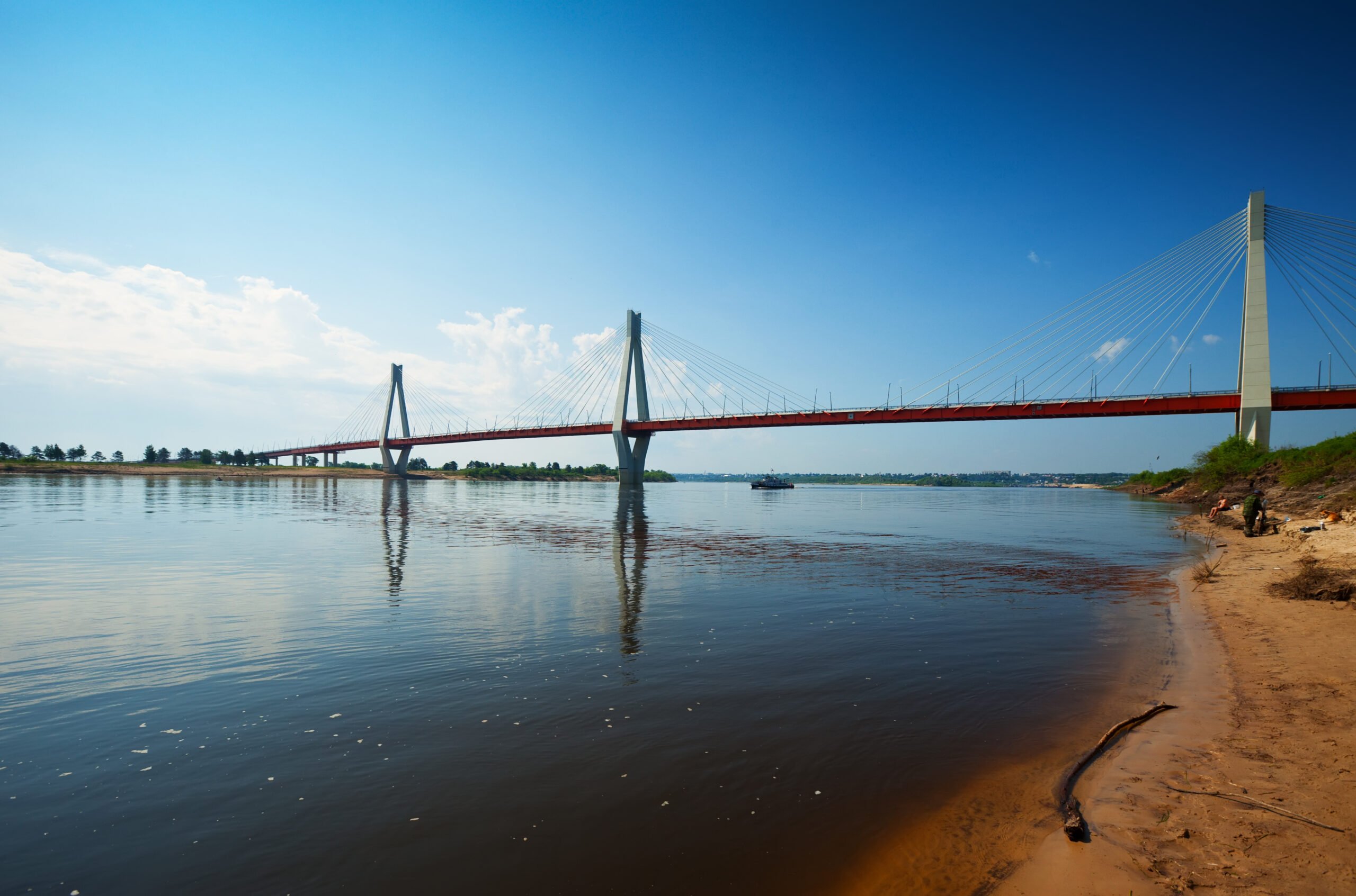 Murom cable bridge through Oka River,  length of bridge about 1400 meters. Russia